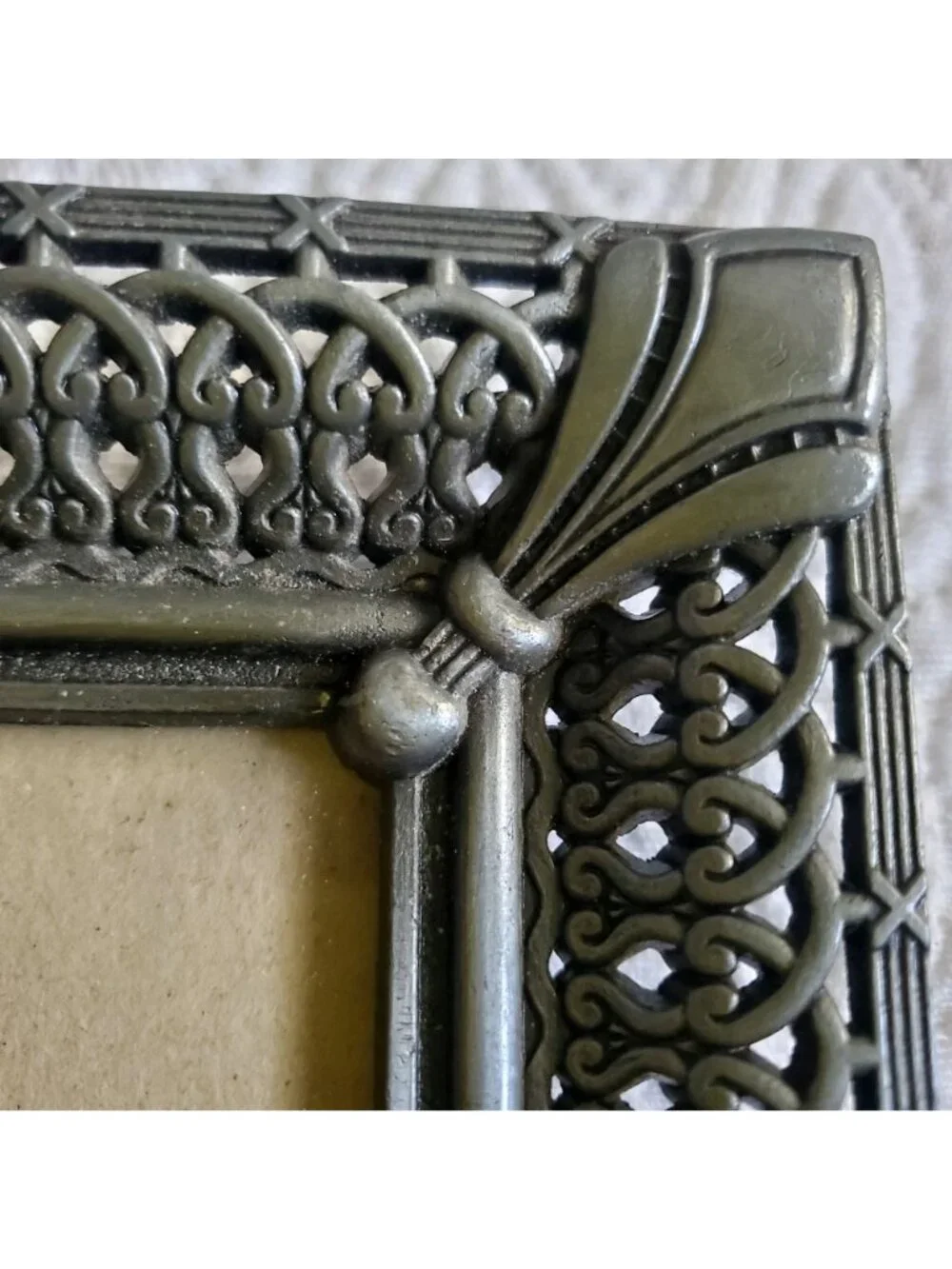 Vtg Ornate Filigree Photo Frame 7x9 Holds 4.5x6.5 Fleur-de-Lis pewter open work